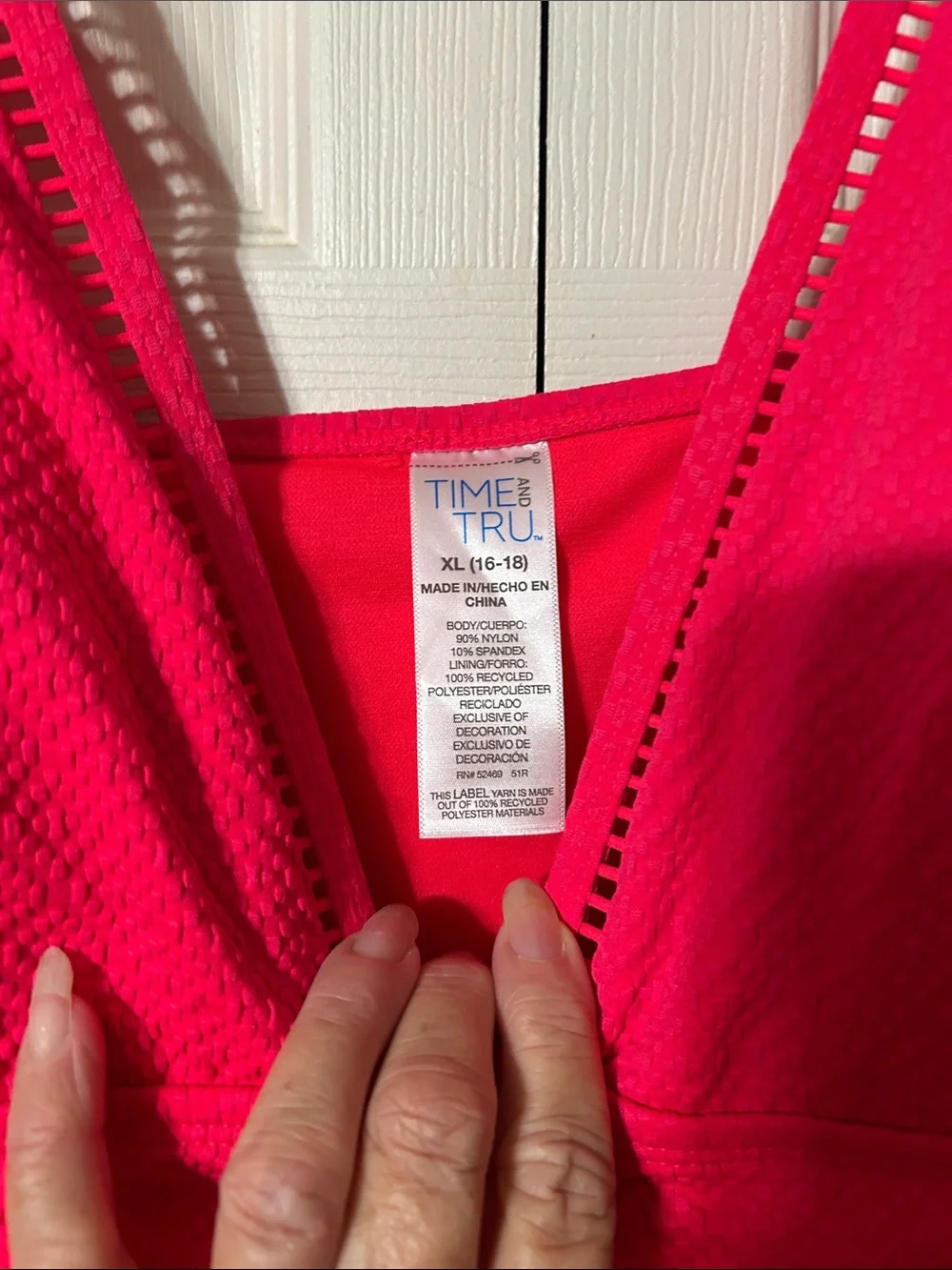 Time and Tru -XL / Swimsuit Hi Cut Leg, Deep V Top, in Hot Pink with Ladder Trim